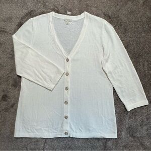 Talbots 3/4 sleeve White Knit  V- neck button front Cardigan Sweater Size M